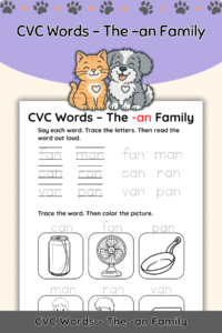 Free CVC Words Worksheet: The “-an” Word Family (Trace, Say & Color)