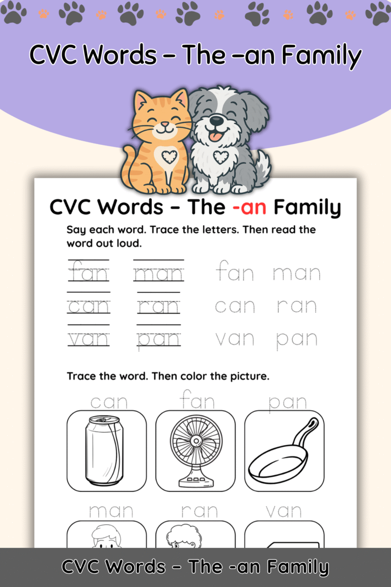 Free CVC Words Worksheet: The “-an” Word Family (Trace, Say & Color)