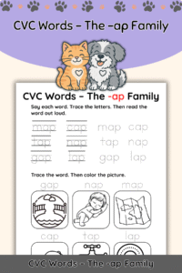 Free CVC Words Worksheet: The “-ap” Word Family (Trace, Say & Color)