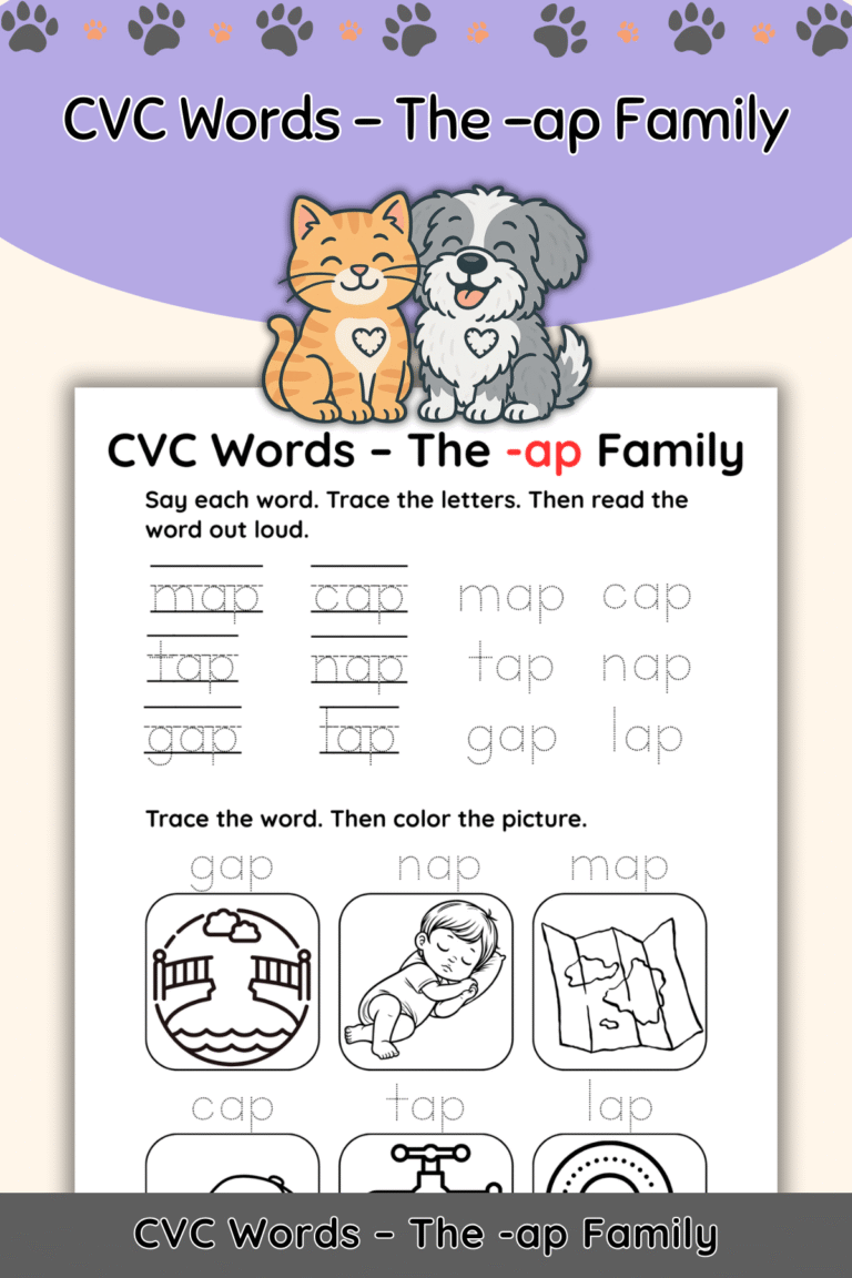 Free CVC Words Worksheet: The “-ap” Word Family (Trace, Say & Color)