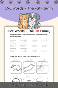 Free CVC Words Worksheet: The “-at” Word Family (Trace, Say & Color)