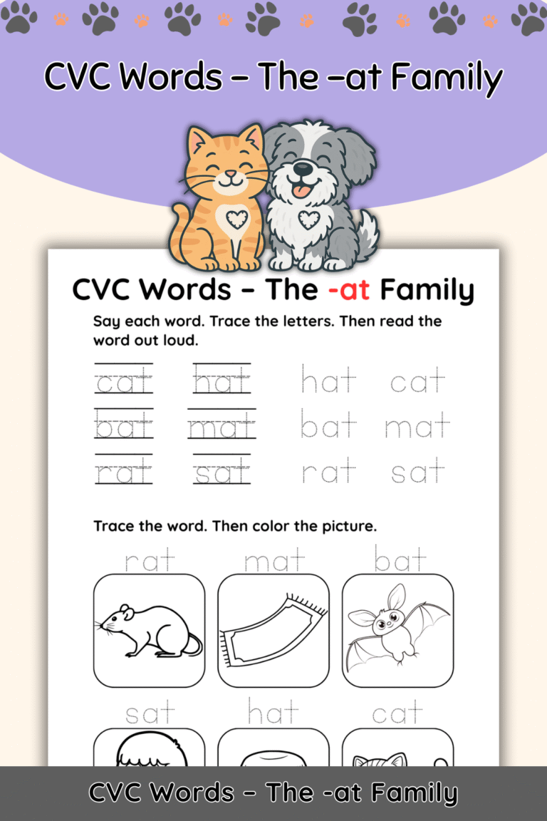 Free CVC Words Worksheet: The “-at” Word Family (Trace, Say & Color)