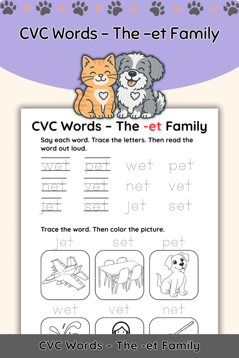 Free CVC Words Worksheet: The “-et” Word Family