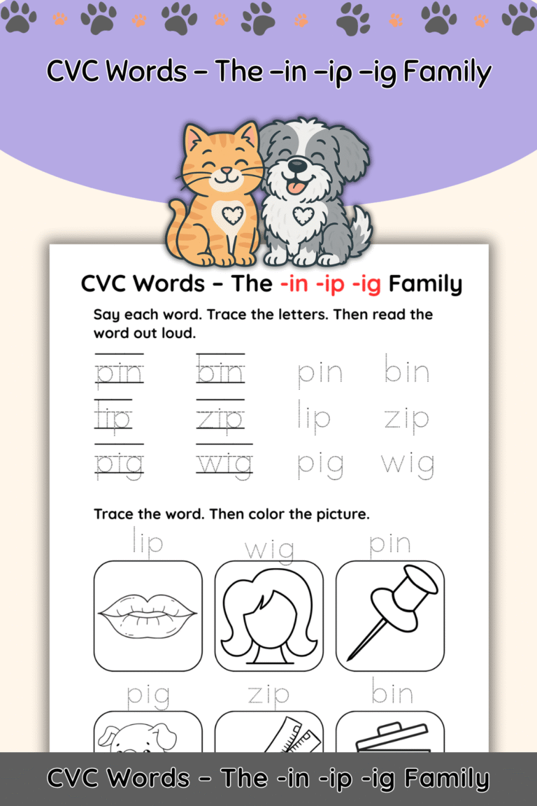 Free CVC Words Worksheets: The “-in,” “-ip,” and “-ig” Word Families