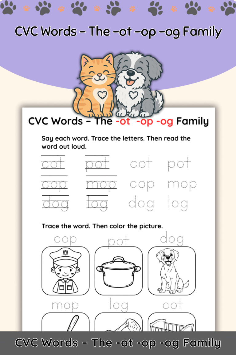 Free CVC Words Worksheets: The “-ot,” “-op,” and “-og” Word Families