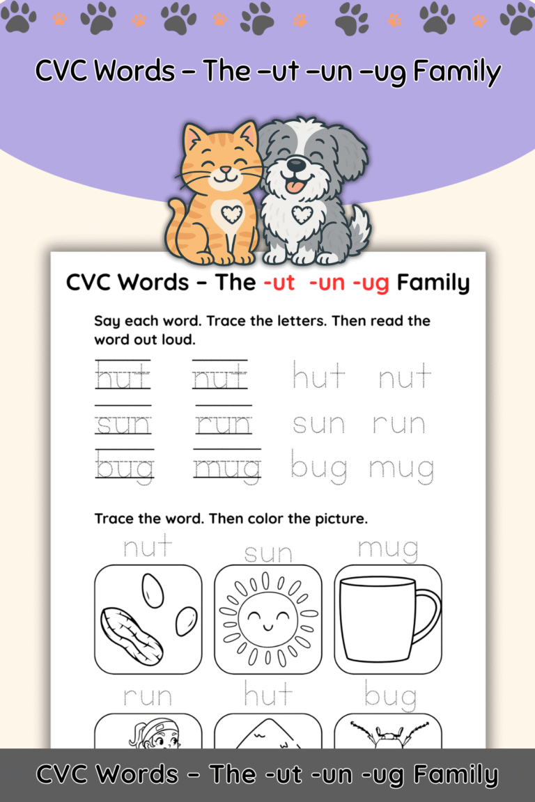 Free CVC Words Worksheets: The “-ut,” “-un,” and “-ug” Word Families