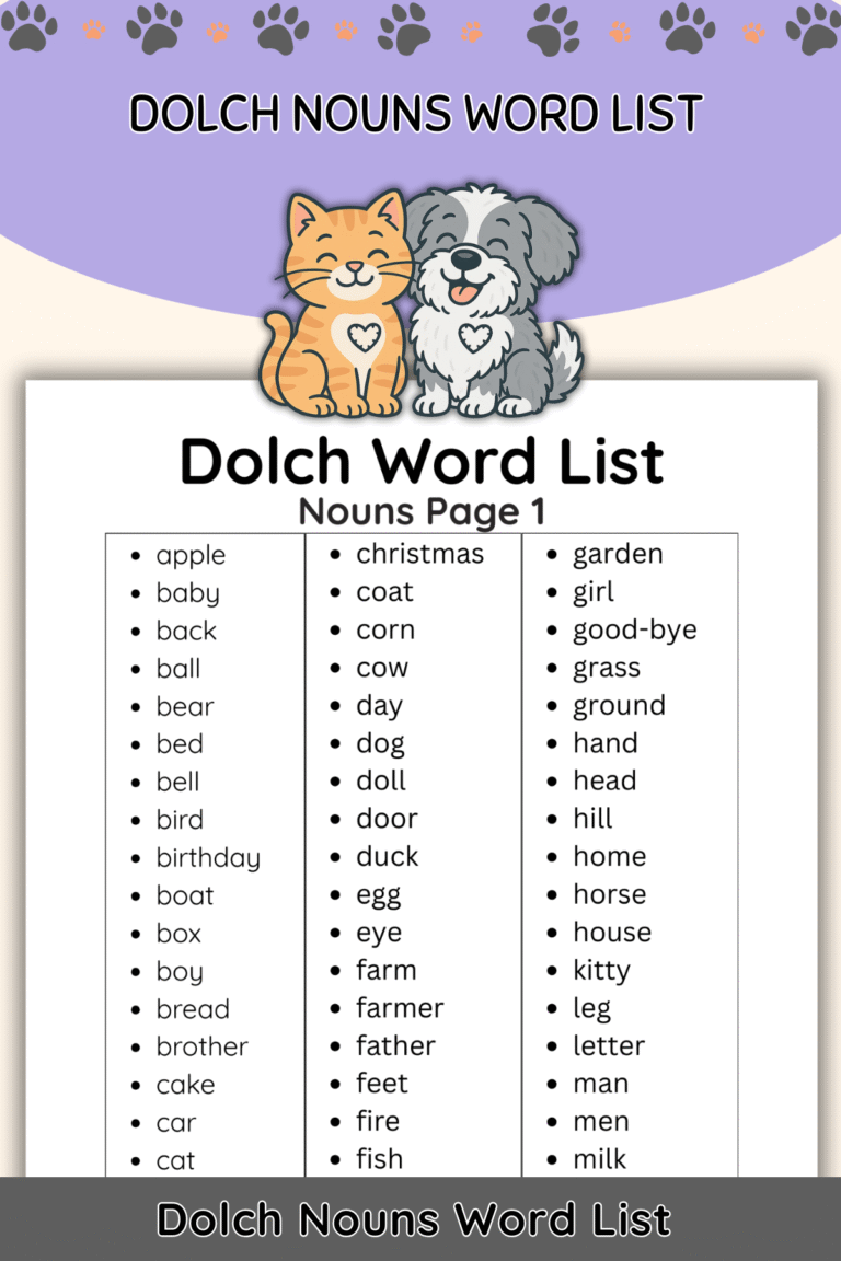 Free Dolch Nouns Sight Word List (Printable PDF)