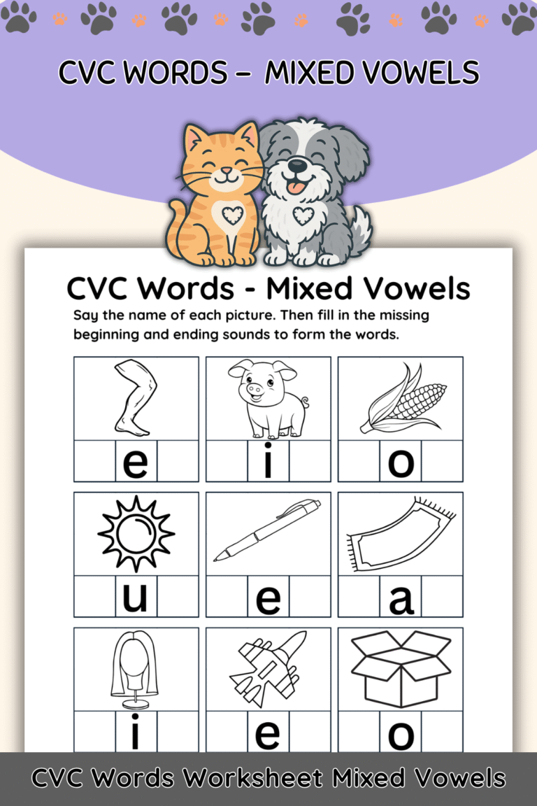 Free CVC Words – Mixed Vowel Worksheet