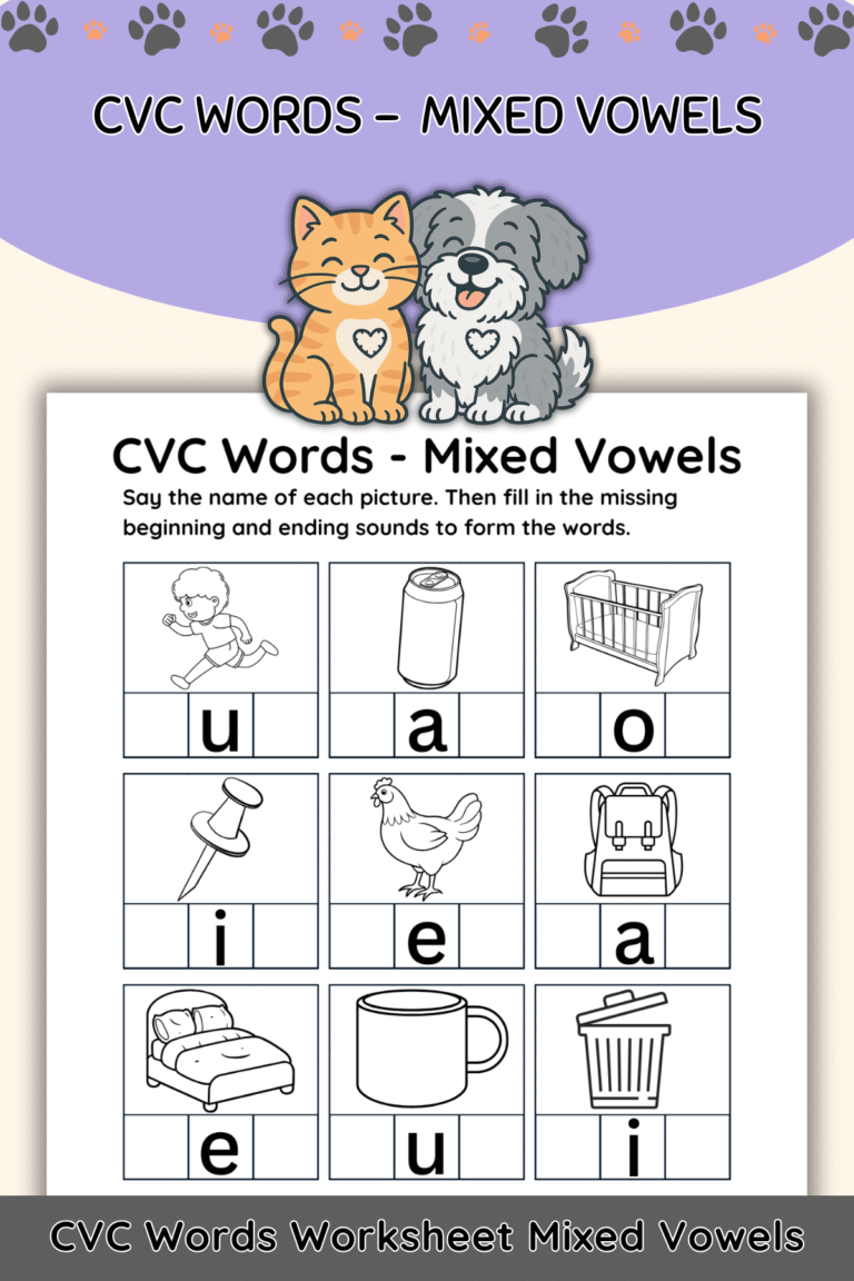 Free CVC Words – Mixed Vowel Worksheet (Printable Phonics Practice)