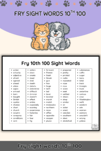 Free Fry Tenth 100 Sight Words List