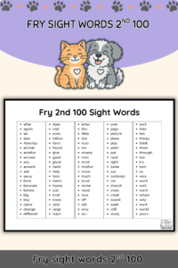 Free Fry Second 100 Sight Words List