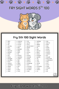 Free Fry Fifth 100 Sight Words List