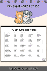 Free Fry Sixth 100 Sight Words List