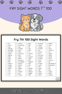 Free Fry Seventh 100 Sight Words List