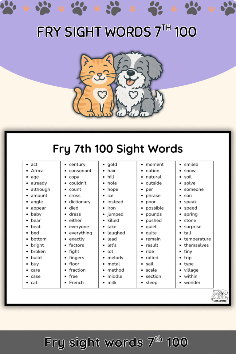 Free Fry Seventh 100 Sight Words List