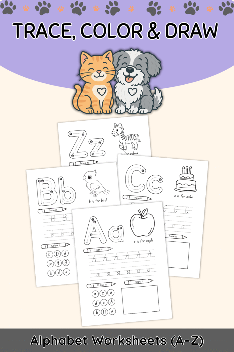 Free Printable Alphabet Worksheets (A–Z) – Trace, Color & Draw for Kids