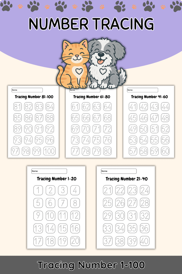 Number Tracing Worksheets (1–100) – 5-Page Set