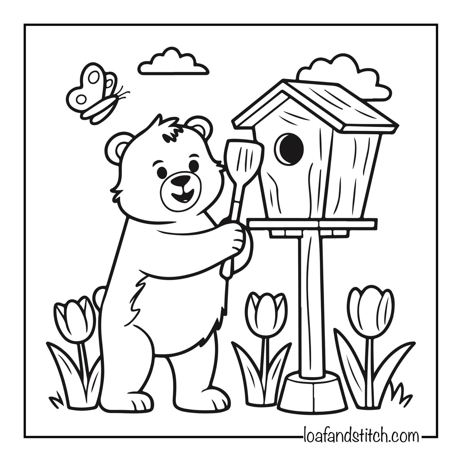 Free Easy Bear Birdhouse Coloring Page Printable PDF for Kids and Adults