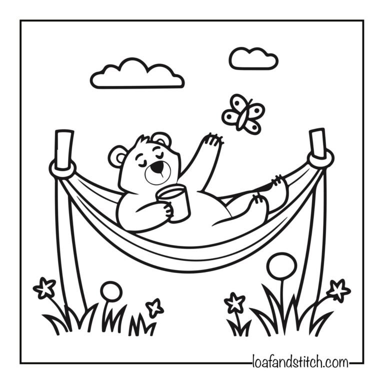 Free Easy Bear Hammock Coloring Page Printable PDF for Kids and Adults