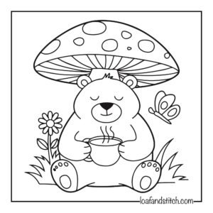 Free Easy Bear Tea Mushroom Coloring Page Printable PDF for Kids and Adults