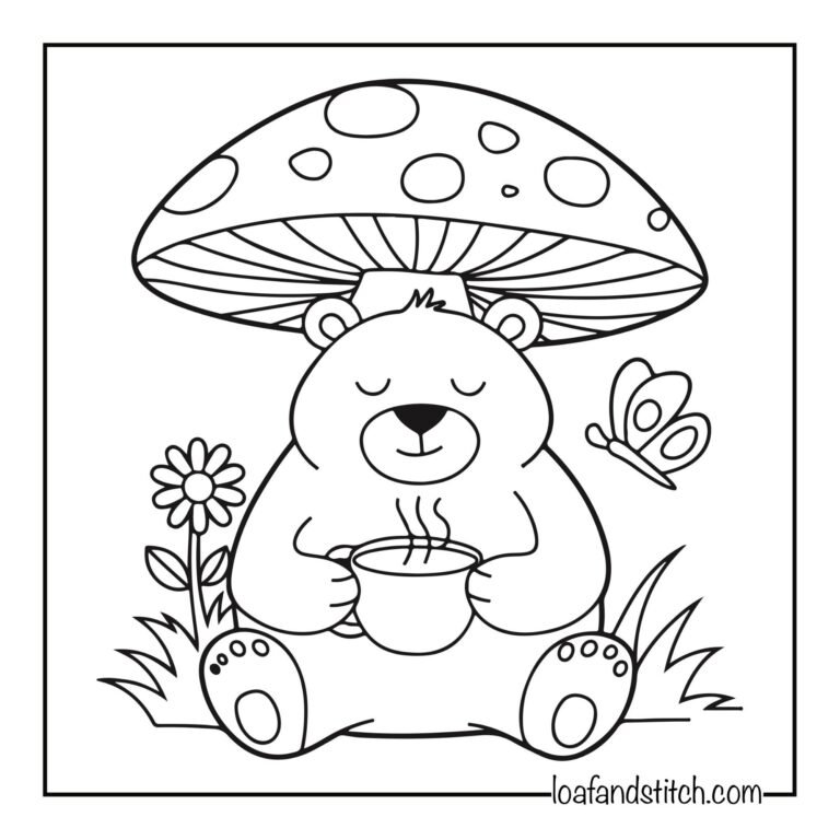 Free Easy Bear Tea Mushroom Coloring Page Printable PDF for Kids and Adults