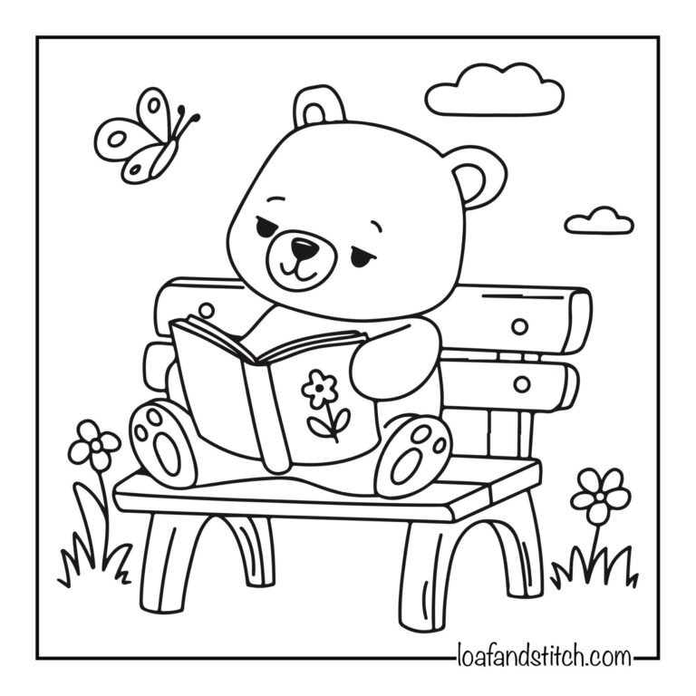 Free Easy Bear Reading Coloring Page Printable PDF for Kids and Adults
