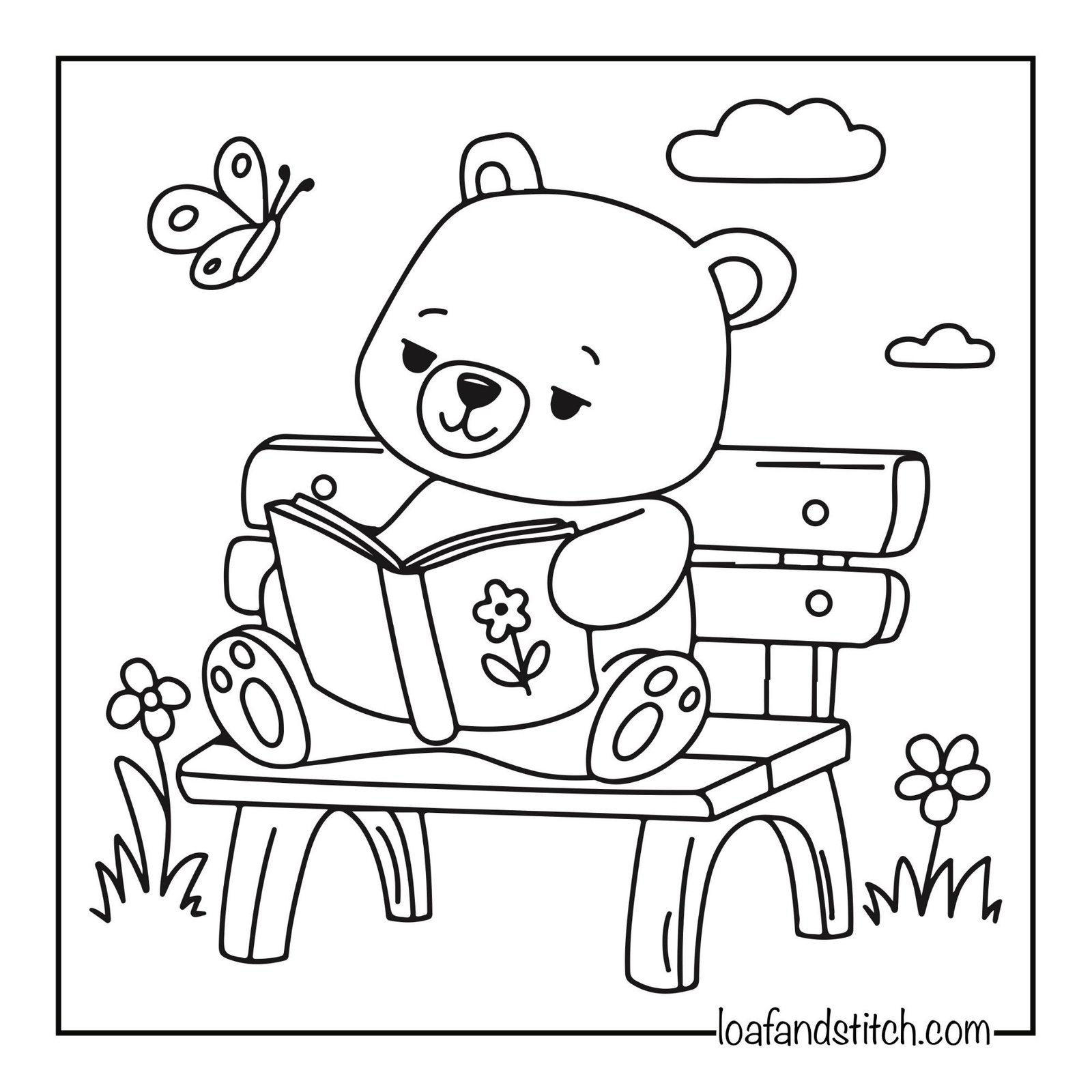 Free Easy Bear Reading Coloring Page Printable PDF for Kids and Adults