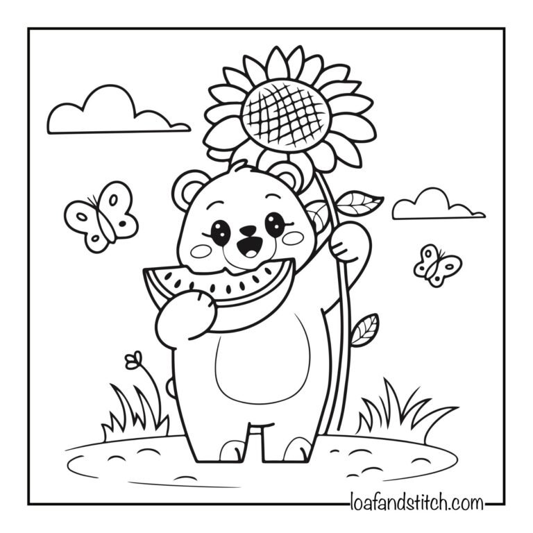 Free Easy Bear Watermelon Coloring Page Printable PDF for Kids and Adults