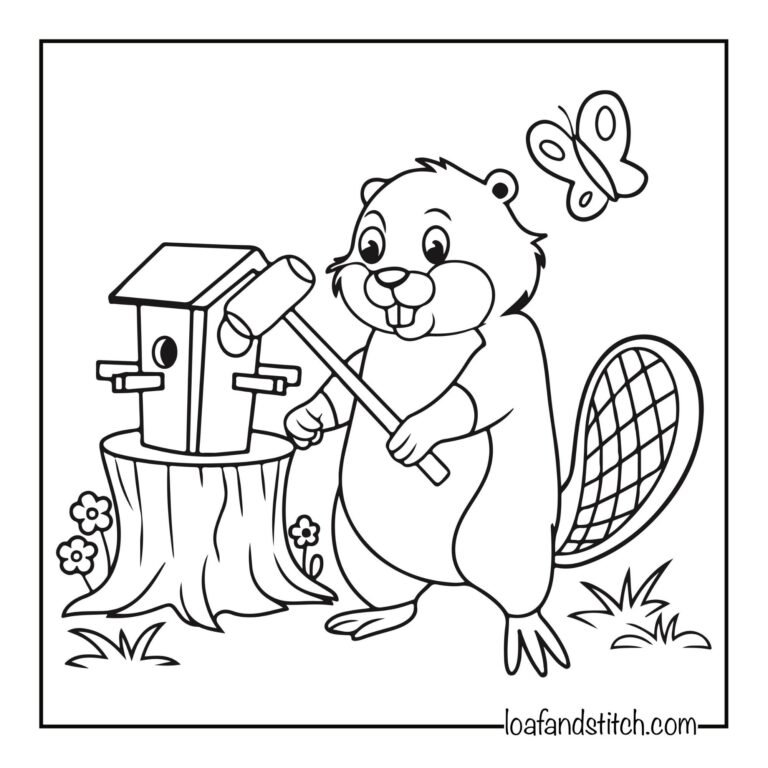 Free Easy Beaver Birdhouse Coloring Page Printable PDF for Kids and Adults