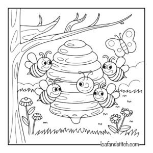 Free Easy Bees And Hive Coloring Page Printable PDF for Kids and Adults