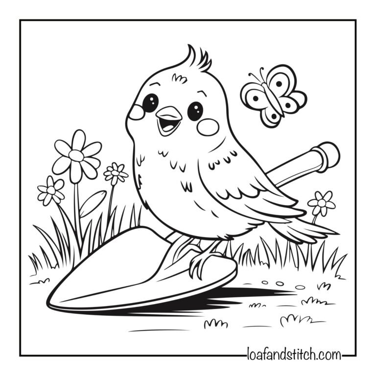 Free Easy Bird On Shovel Coloring Page Printable PDF for Kids and Adults