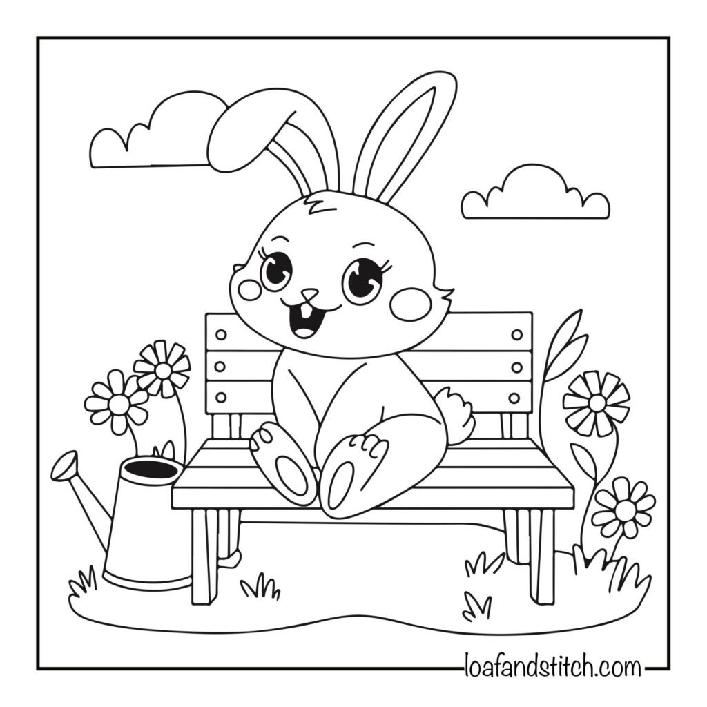 Free Easy Bunny On Bench Coloring Page Printable PDF for Kids and Adults