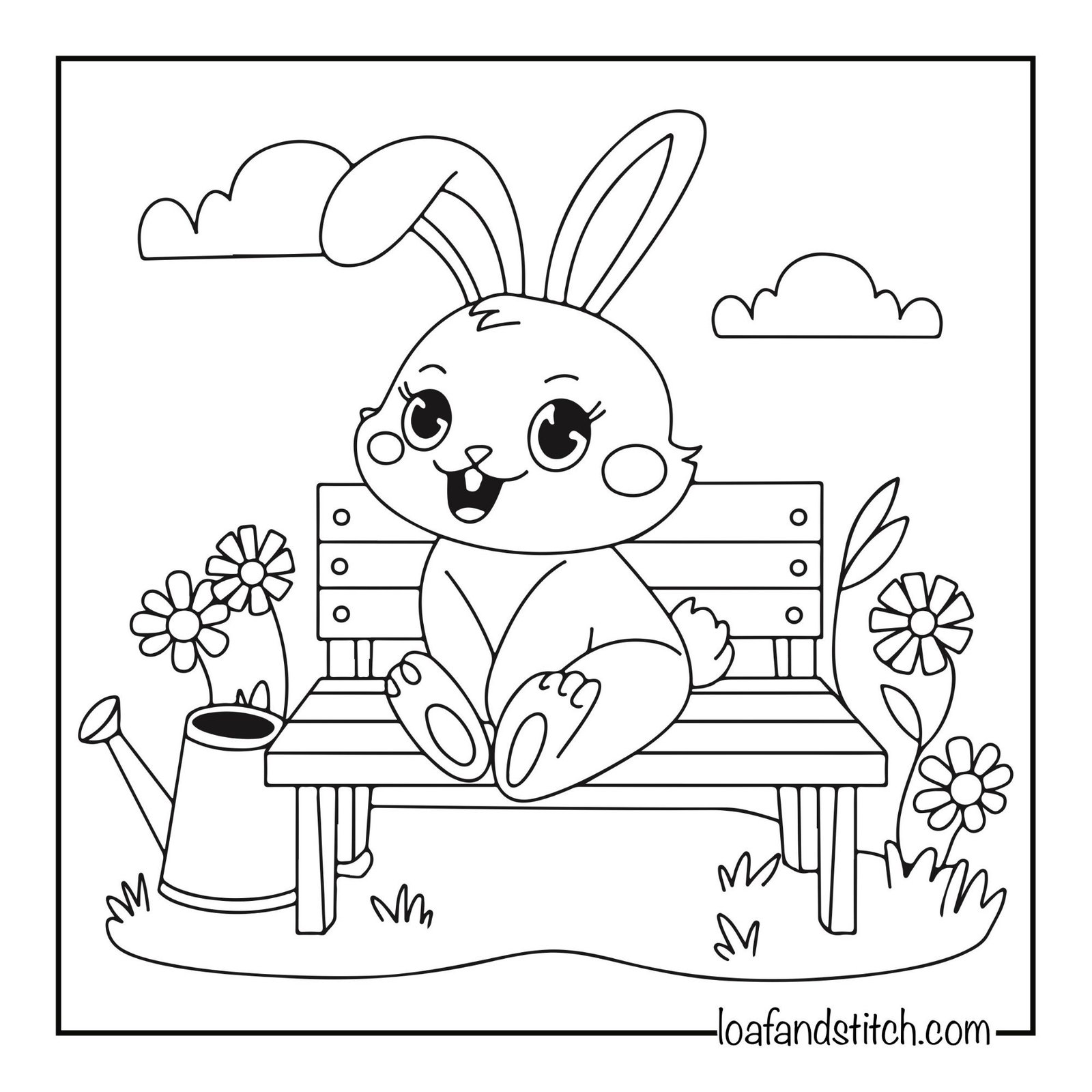 Free Easy Bunny On Bench Coloring Page Printable PDF for Kids and Adults