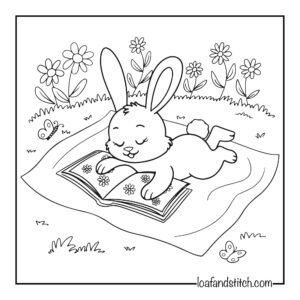 Free Easy Bunny Reading Blanket Coloring Page Printable PDF for Kids and Adults