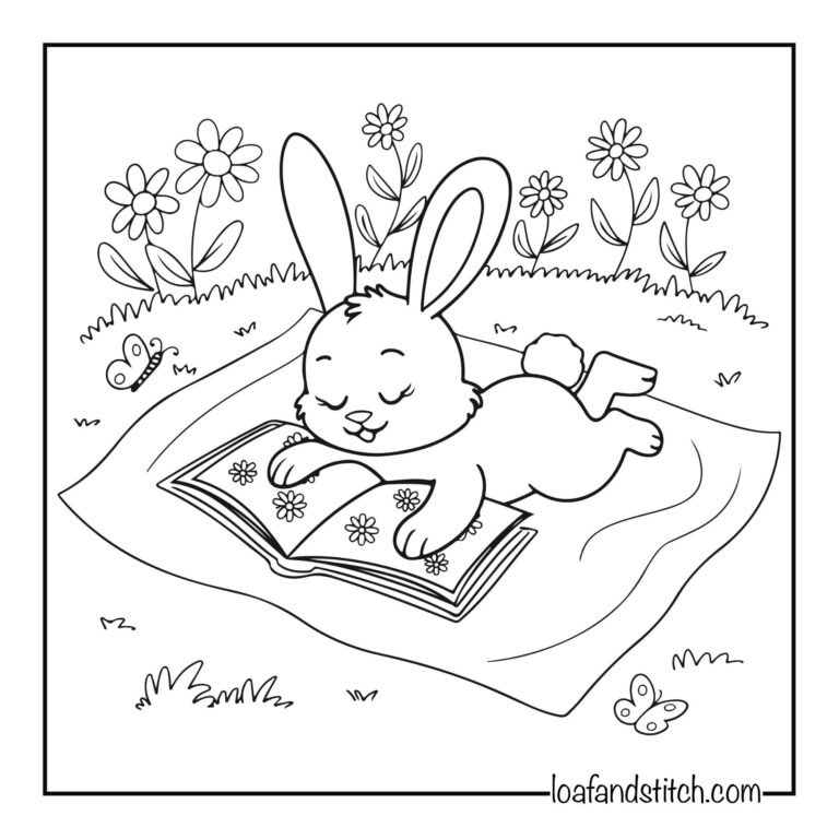 Free Easy Bunny Reading Blanket Coloring Page Printable PDF for Kids and Adults