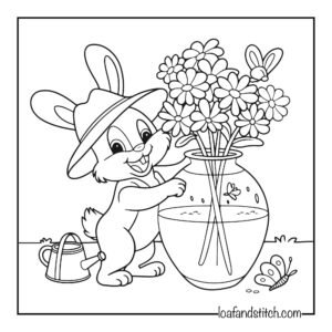 Cute bunny arranging flowers Coloring Page for Kids and Adults Free Printable PDF