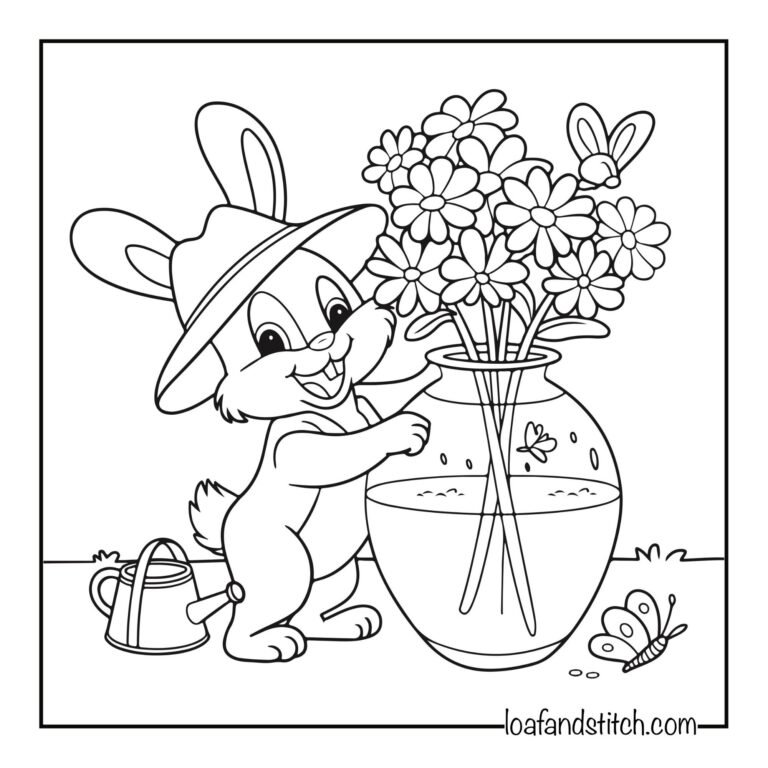 Cute bunny arranging flowers Coloring Page for Kids and Adults Free Printable PDF