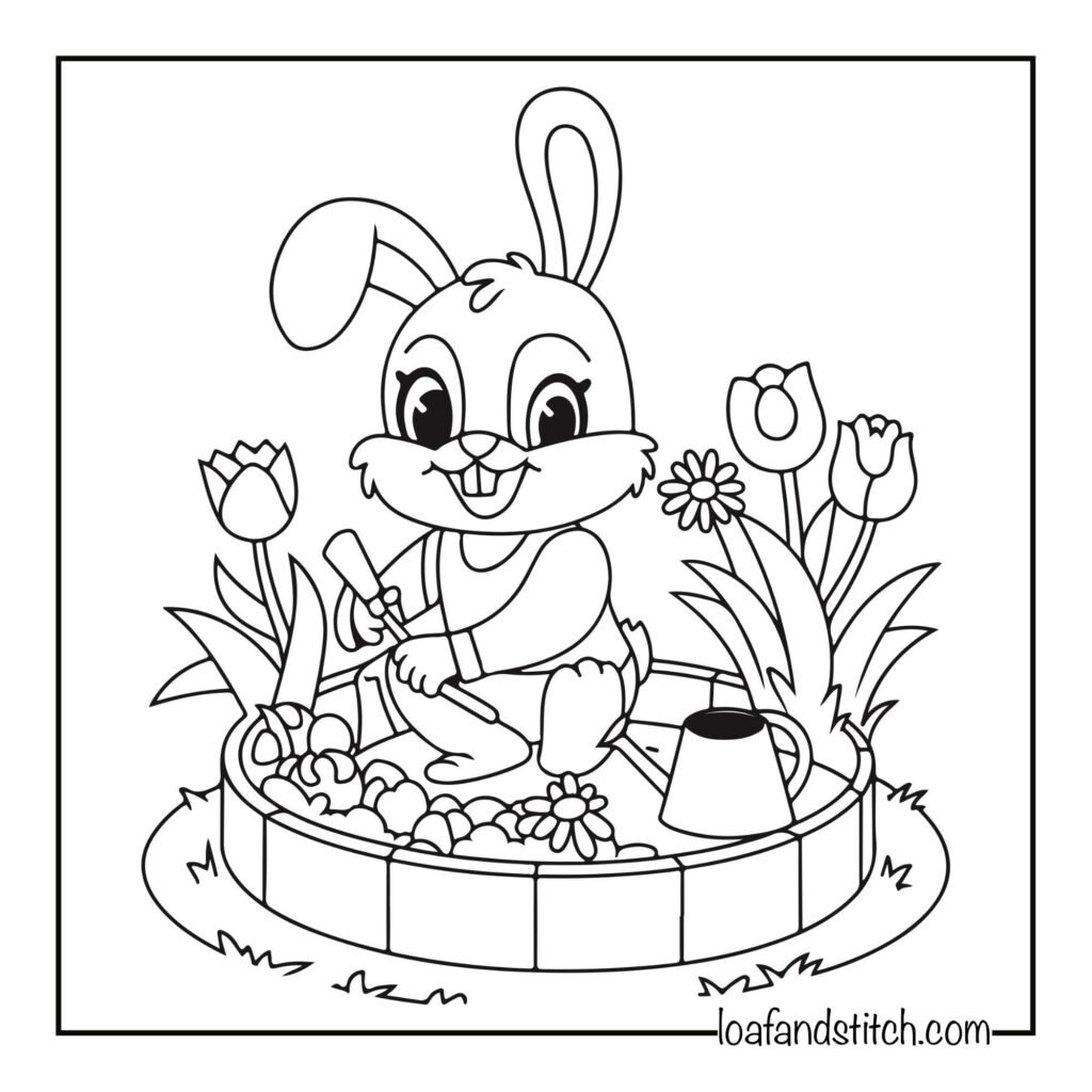 Free Easy Bunny Gardening Coloring Page Printable PDF for Kids and Adults