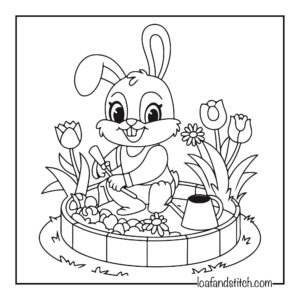 Free Easy Bunny Gardening Coloring Page Printable PDF for Kids and Adults