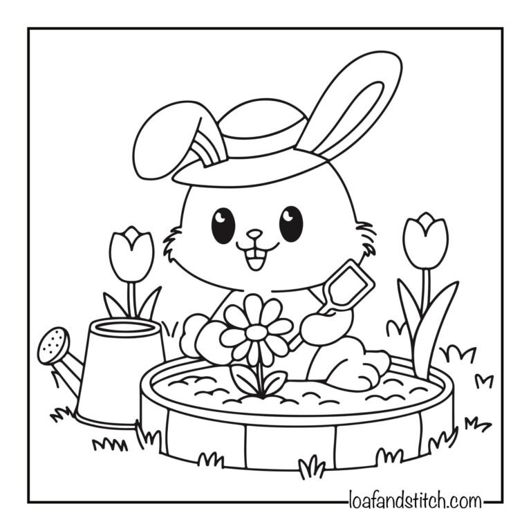 Free Easy Bunny Digging Garden Coloring Page Printable PDF for Kids and Adults