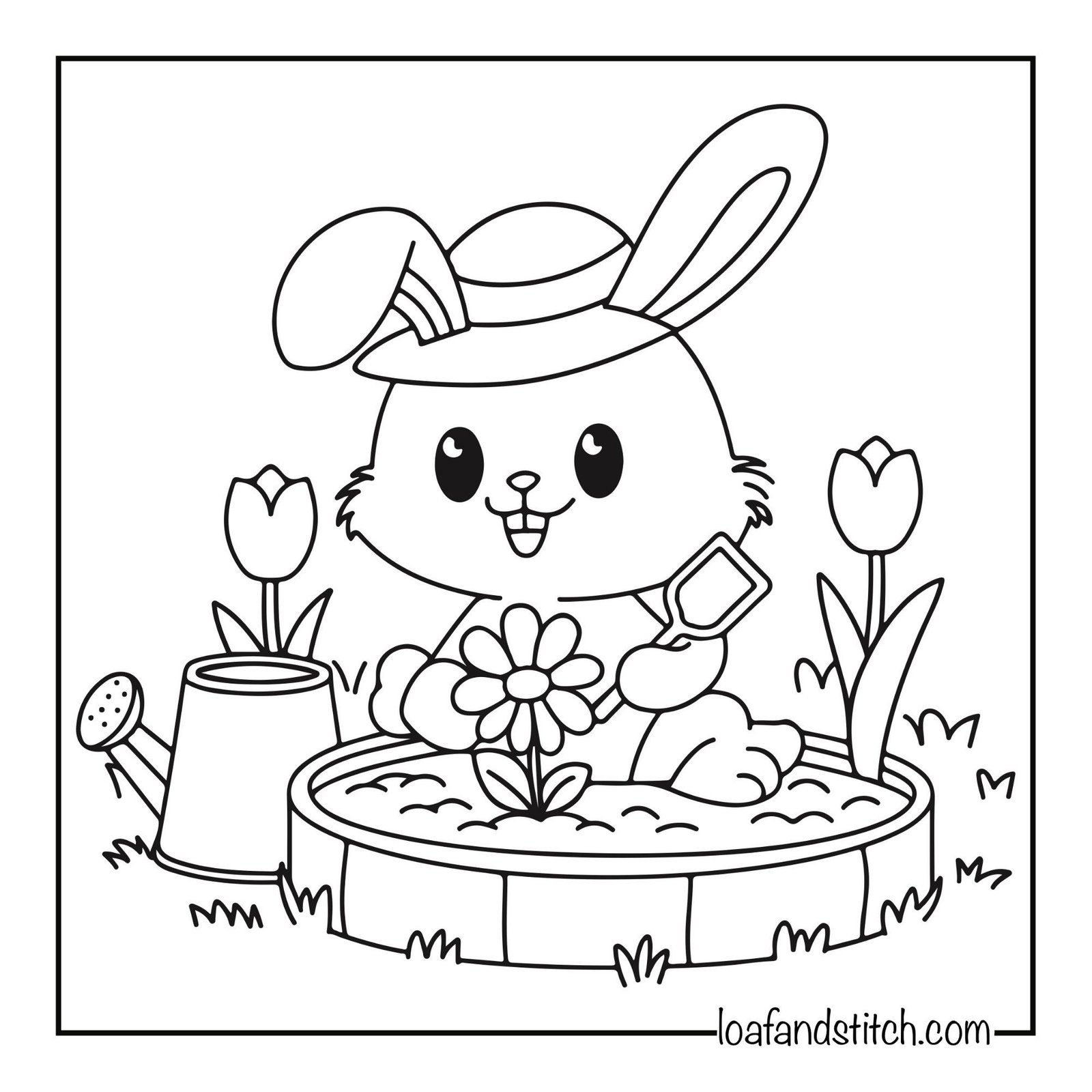 Free Easy Bunny Digging Garden Coloring Page Printable PDF for Kids and Adults
