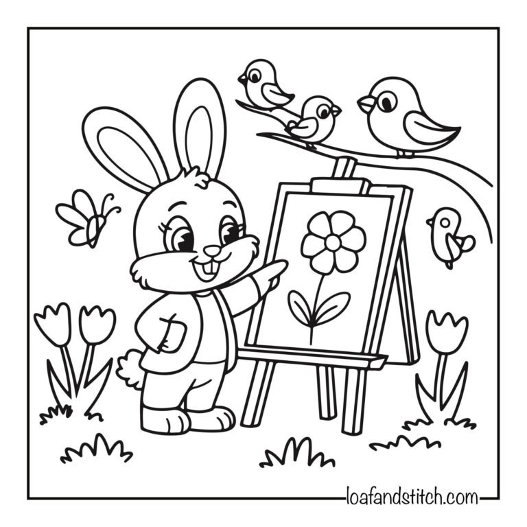 Free Easy Bunny Painting Coloring Page Printable PDF for Kids and Adults