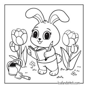 Free Easy Bunny Reading Coloring Page Printable PDF for Kids and Adults
