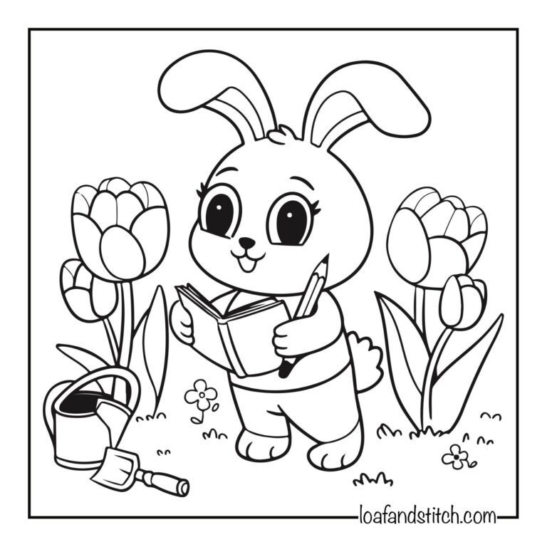 Free Easy Bunny Reading Coloring Page Printable PDF for Kids and Adults