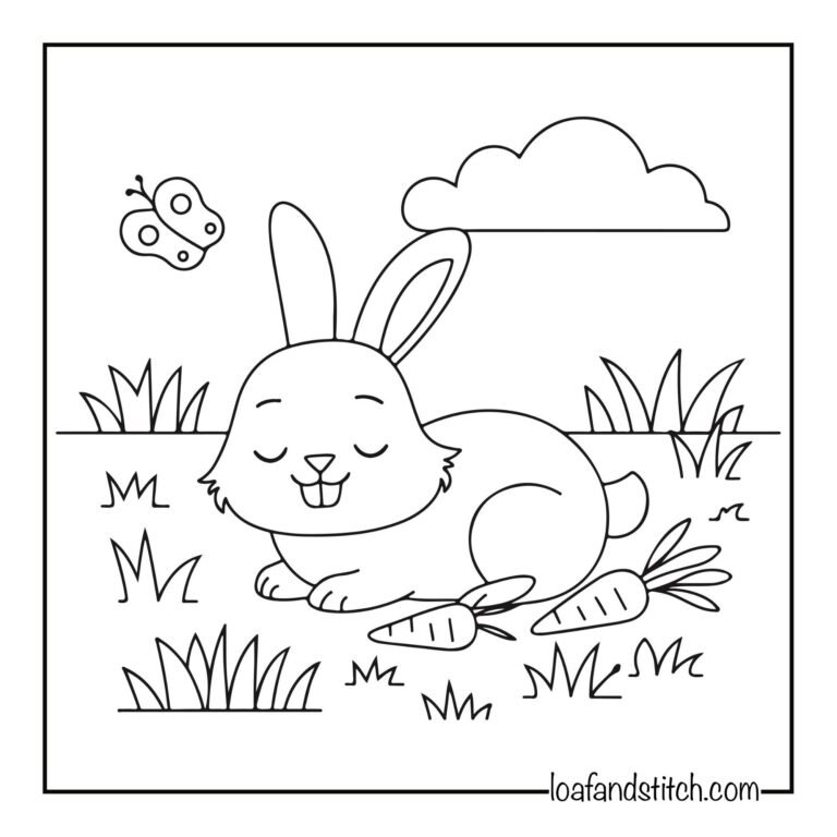 Free Easy Sleeping Bunny With Carrots Coloring Page Printable PDF for Kids and Adults