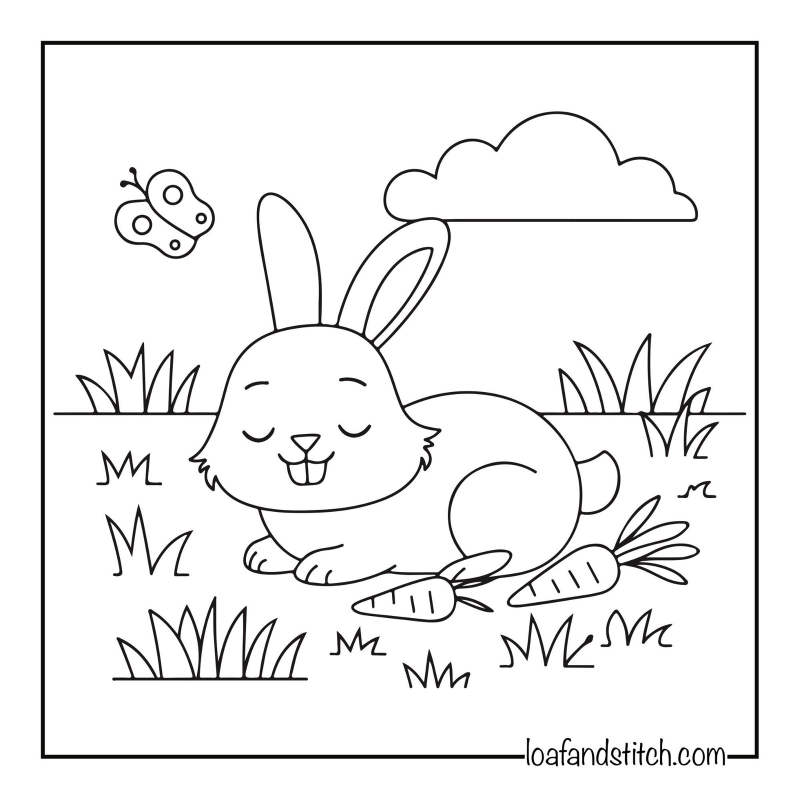 Free Easy Sleeping Bunny With Carrots Coloring Page Printable PDF for Kids and Adults
