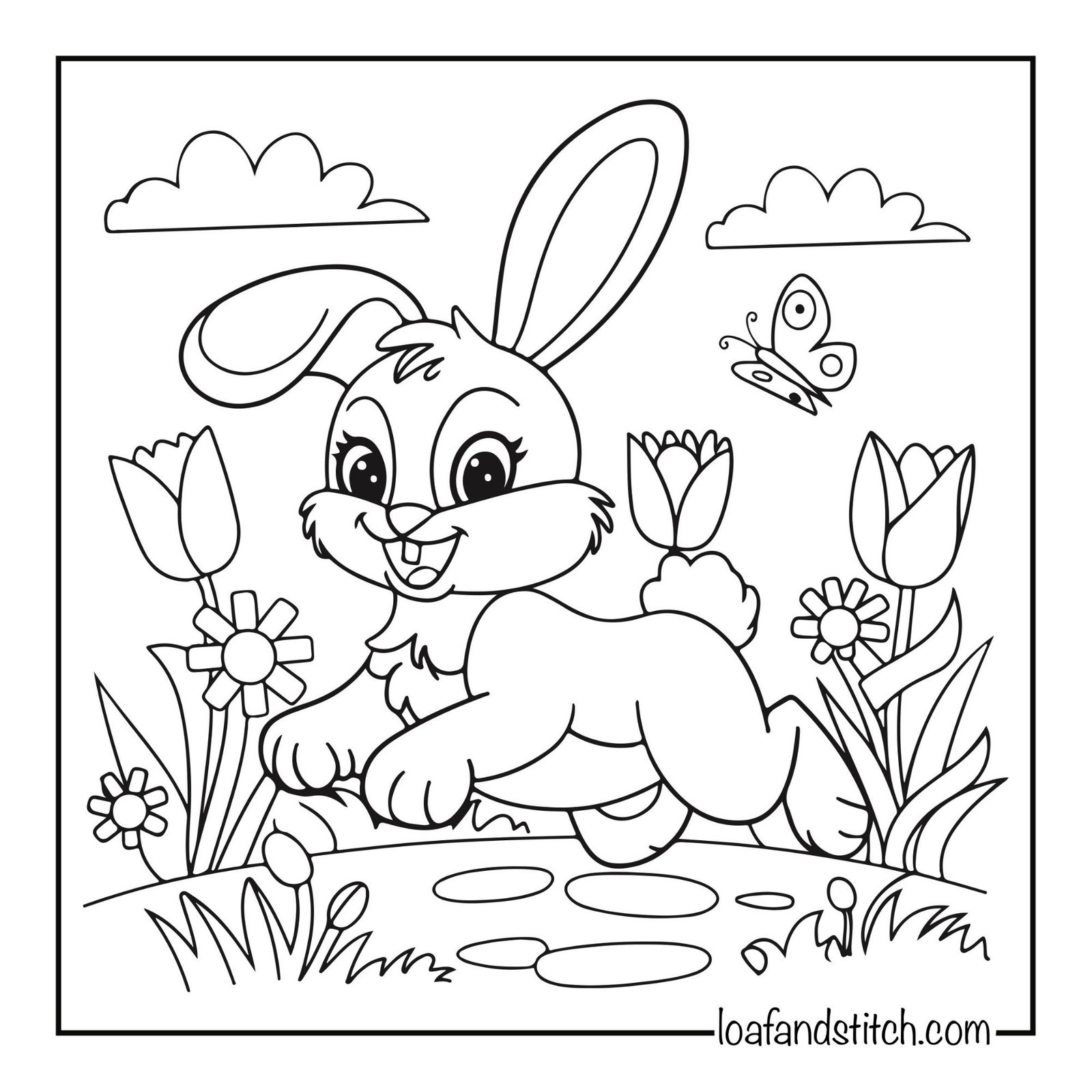 Free Easy Bunny Hopping Coloring Page Printable PDF for Kids and Adults