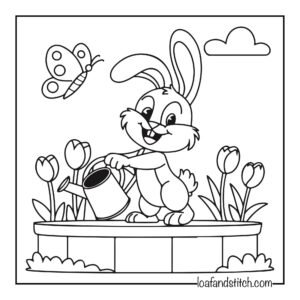 Cute bunny watering flowers Coloring Page for Kids and Adults Free Printable PDF