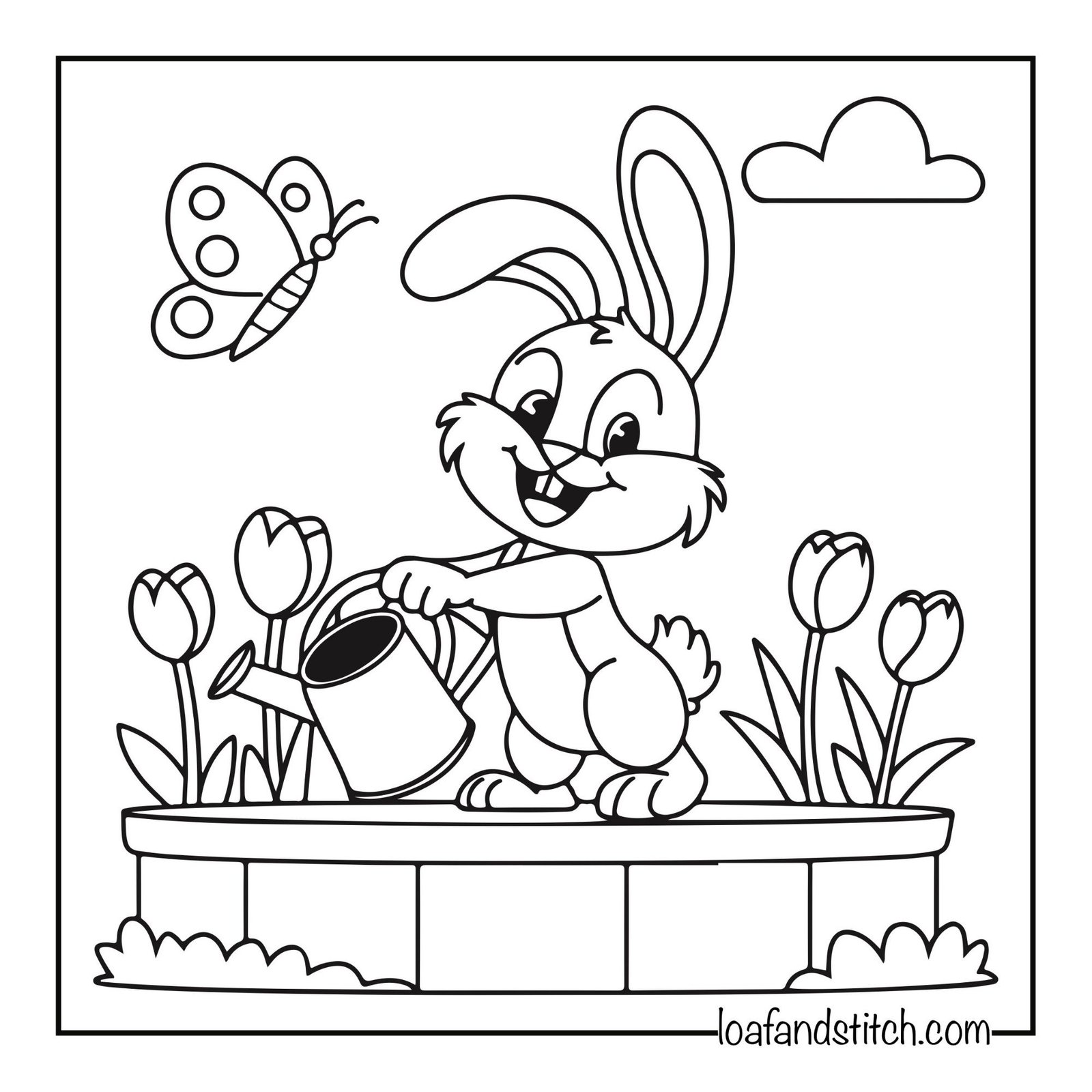 Cute bunny watering flowers Coloring Page for Kids and Adults Free Printable PDF