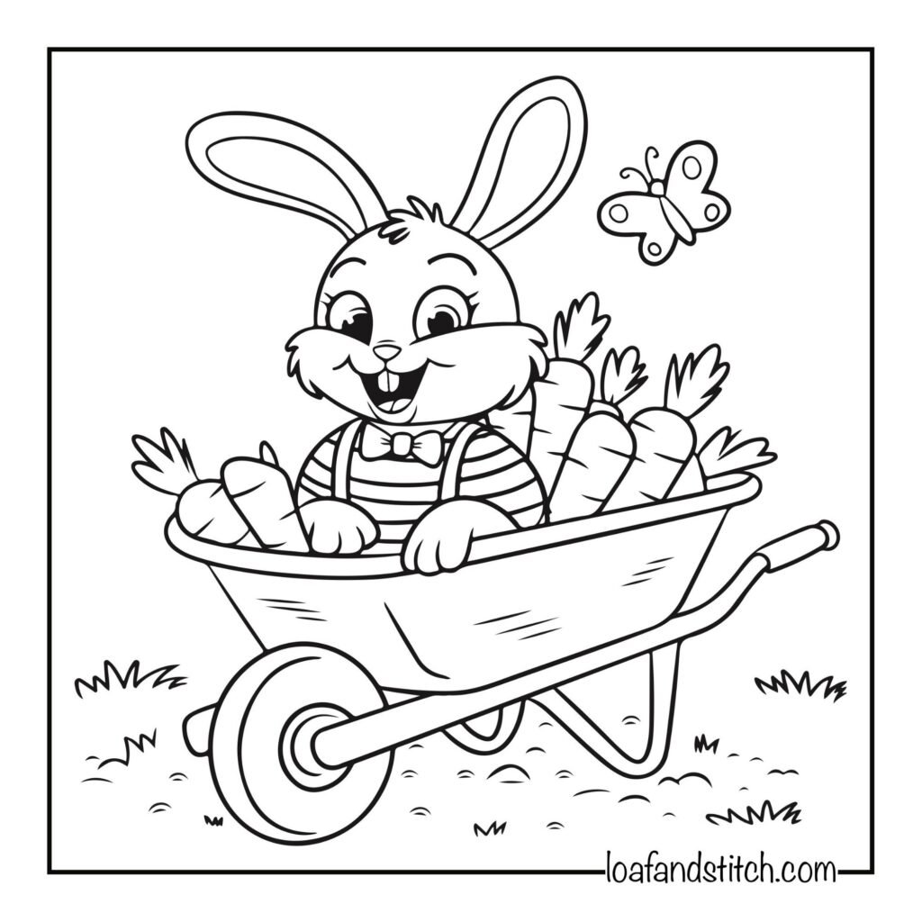 Cute bunny in wheelbarrow Coloring Page for Kids and Adults Free Printable PDF